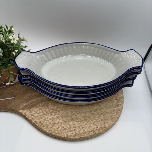 4 Vtg Blue Trim & Gray Speckled eared gratin dishes Preowned - Picture 2 of 7